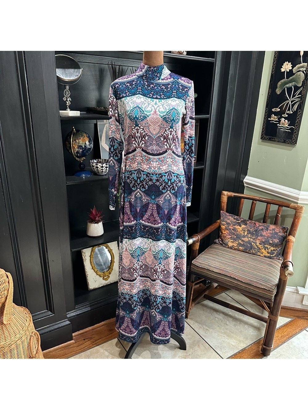 New York & Company “The Bohemian” Ornate Print Maxi Dress – Blue Lyrics – Size S